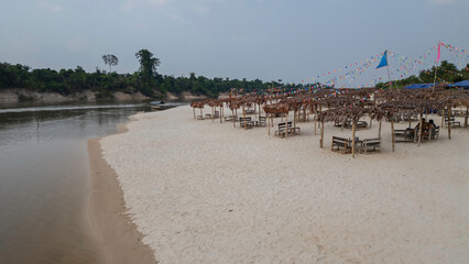 Amazonian white sand beaches that appear in the dry season of the rivers, the Nanay River has...
