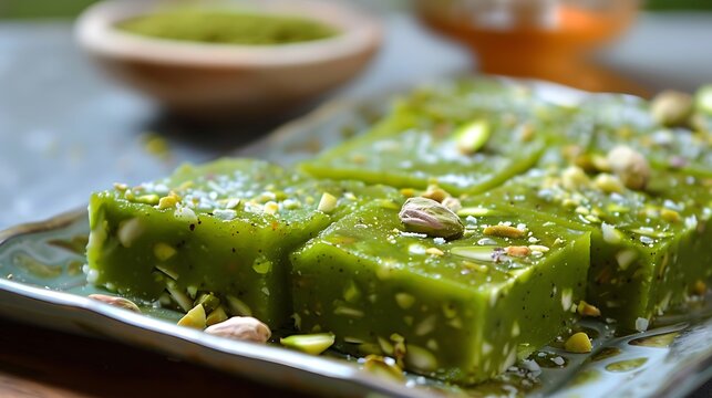 Dessert called kaju pista burfi prepared with kaju pistachios and mava