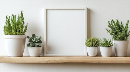 Fototapeta premium bright interior concept banner with a white canvas frame among potted plants on a wooden shelf, creating a natural ambiance