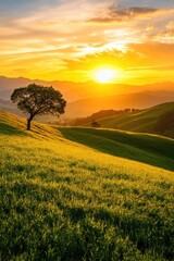 A stunning sunset over rolling hills, showcasing vibrant colors and a solitary tree, ideal for nature-themed projects.