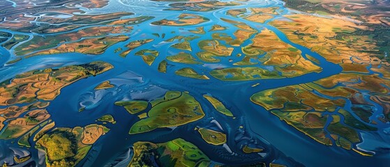 Fototapeta premium Serene Aerial View of Intricate River Delta with Meandering Waterways