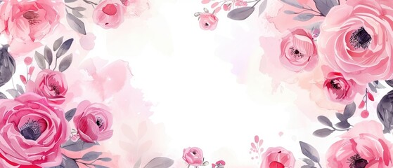 Watercolor Pink Floral Design with Gray Leaves