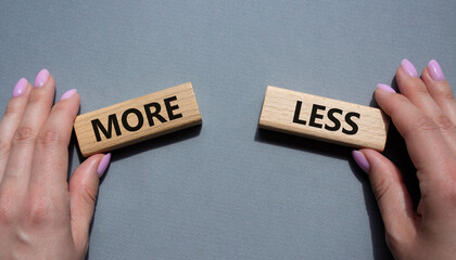 More or Less symbol. Concept word More or Less on wooden blocks. Businessman hand. Beautiful grey background. Business and More or Less concept. Copy space