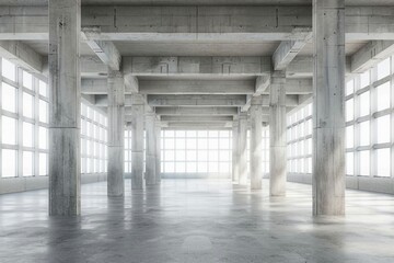 Modern Open-Plan Office Space With Minimalist Design, Concrete Floors, And Bright Lighting. Generative AI