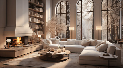 Plan sur un salon de couleurs claires et épurées, dans les tons blanc et beige. Luxe. Sofa, télé, table. Décorations, lumières douces. Pour conception et création graphique.