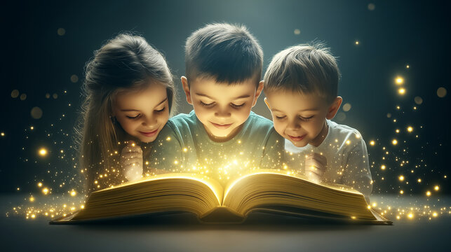 Magical child reading a book with glowing light, enchanted story time, young boy discovering the wonder of imagination and adventure, fantasy, magic sparkles, children’s literature