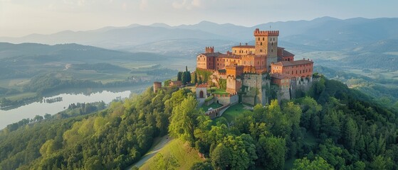 Obraz premium Majestic Aerial View of a Historic Castle Perched Atop a Serene Hill