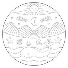Round mandala in black outline for coloring. Starry night scene with a whale in the ocean and mountains in the background.