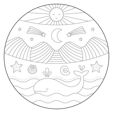 Round mandala in black outline for coloring. Starry night scene with a whale in the ocean and mountains in the background.