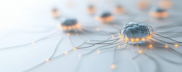 Digital neural network with glowing synapses on a white background, representing AI and technological advancement