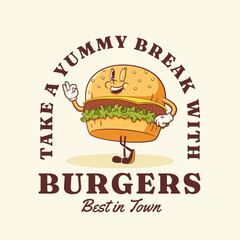 Groovy Burger Retro Character Label. Cartoon Hamburger Smiling Vector Food Mascot Logo Template. Happy Vintage Cool Fast Food Illustration with Typography Isolated