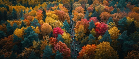 Autumn Canopy: High-Resolution Aerial View of Vibrant Forest Foliage in Fall
