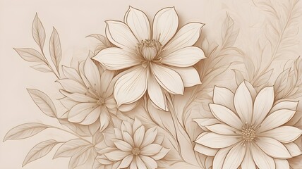 An elegant floral background featuring hand-drawn flower elements in soft neutral beige tones. The intricate line art creates a sophisticated and timeless design, perfect for wedding invitations, card