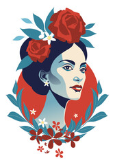 Stylized illustration of Mexican woman's head wearing floral ornaments isolated on white background. Latin Festival Poster.