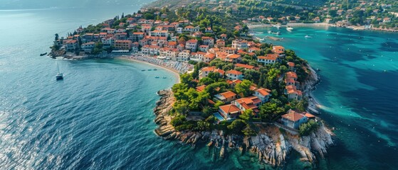Serene Aerial View of a Charming Coastal Town with Vibrant Houses and Crystal Clear Waters