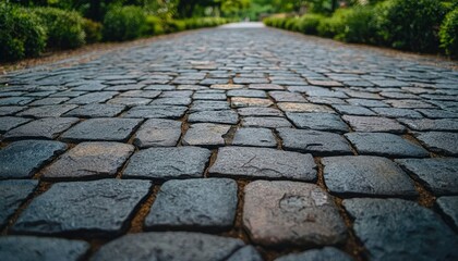 Fototapeta premium Cobblestone Pathway Leading Through a Lush Garden
