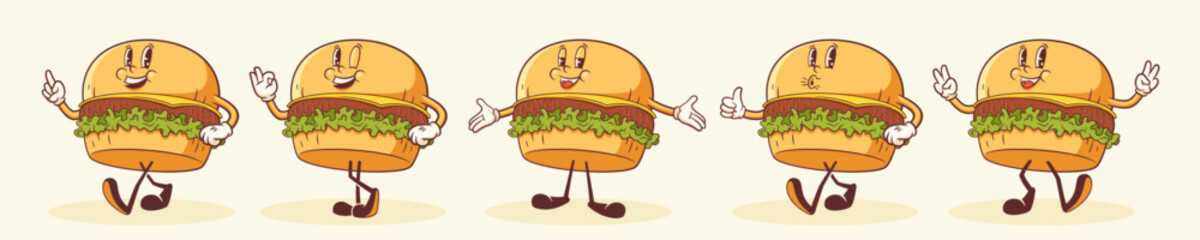 Groovy Burger Retro Characters Set. Cartoon Hamburger Food Walking and Smiling. Vector Fast Food Mascot Templates Collection. Happy Vintage Fast Food Cool Illustrations Isolated