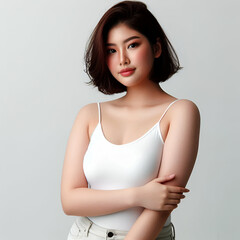 beautiful natural asian plus size model woman with short hair in simple white top on light background