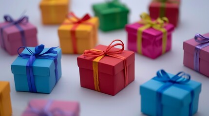 Fototapeta premium Colorful Christmas gift boxes collection, Christmas tape rope, on a white background, banner for website.