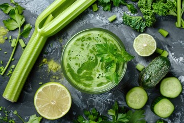 Obraz premium A glass of green juice with a lime slice on top and cucumber slices on the table, generative ai image