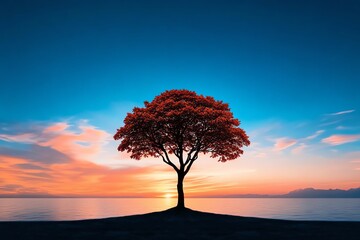 Obraz premium Sunset sky calmness is captured in a minimalist design focusing on a simple scene of a lone tree silhouetted against the soft colors of dusk