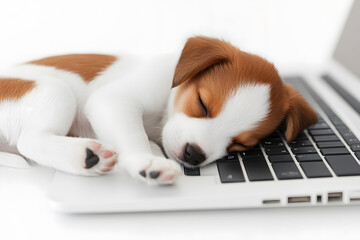 Puppy dog sleeping on the keyboard of an open laptop isolated on background
