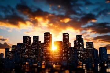 Obraz premium Sunset sky over cityscape is highlighted in a realistic photo of a bustling city silhouetted against the glowing sky, with golden hour light reflecting off glass buildings