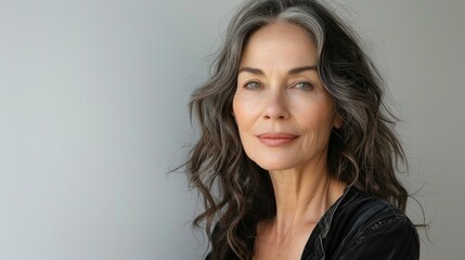 Fototapeta premium Portrait of a Woman with Graying Hair, Wearing a Black Blouse