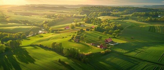 Peaceful Rural Landscape Aerial View with Green Farms and Barns