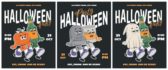 Halloween party flyer layout with retro groovy characters. Ghost, pumpkin, tombstone, beer bottle, glass of whisky. Vector set of Halloween party invitations.