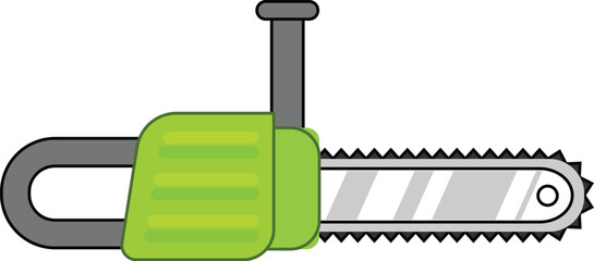 Green chainsaw lying horizontally on white background, power tool for cutting wood