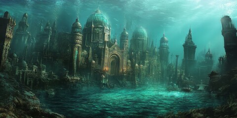 Obraz premium A submerged city with a boat passing through.