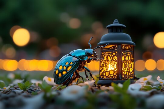 Beetles, on a summer night, attracted to light gather around lanterns and lamps in the warm evening air