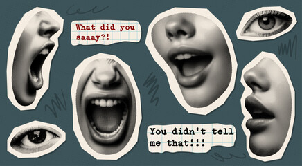 communication concept design set with cut-out collage graphic elements face parts mouths eyes isolated retro halftone grunge dotted effect old newspaper print