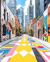 Obraz premium Vibrant urban alley featuring colorful murals and geometric street art, blending creativity with modern architecture.