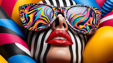 Naklejka premium Vibrant close-up of a woman with colorful sunglasses against bold striped backgrounds, showcasing modern art and fashion.