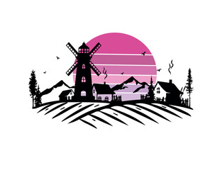 village windmill vector silhouette. farm with windmill in  mountains vector silhouette. farm on pink sunset background vector silhouette