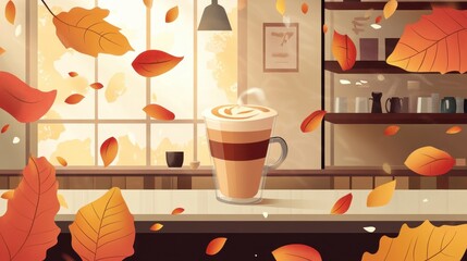 Cozy Autumn Coffee Shop Scene with Falling Leaves