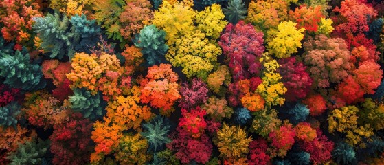 Aerial View of Vibrant Autumn Forest Canopy with Colorful Foliage in Fall Season