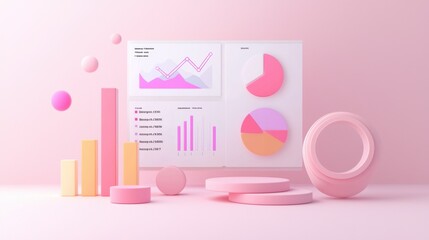 Pastel Geometric Shapes and Data Visualization Elements in Abstract 3D Studio Setup