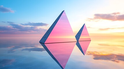 Stylish geometric shapes reflecting in tranquil water, showcasing vibrant colors at sunset, creating a serene and artistic atmosphere.