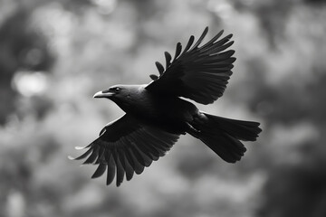 Fototapeta premium Beautiful black raven, crow in flight