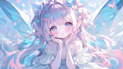 Beautiful anime girl with pink hair and blue eyes surrounded by butterflies.