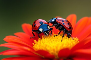 Obraz premium Beetles, on a flower petal, delicate balance find sustenance in the heart of a bloom