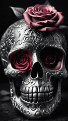 Naklejka premium Cute a black and white photo showing a sugar skull and a red rose, romantic fantasy.