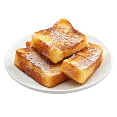 Golden French Toast, dusted with powdered sugar, sits invitingly on a white plate, a delightful breakfast treat.