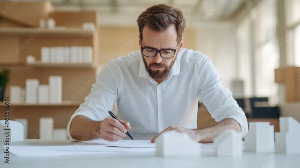 Poster engineer designing a sustainable prototype in a high-tech lab, focusing on eco-friendly materials an