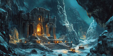 Ancient stone temple in a snowy, icy mountain valley.