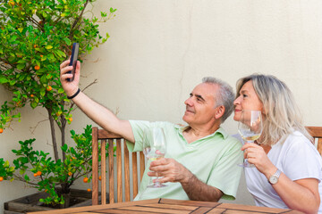Mature couple enjoying wine and taking selfie in garden