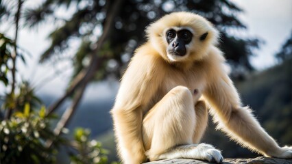 Fototapeta premium a gibbon with beautiful natural background